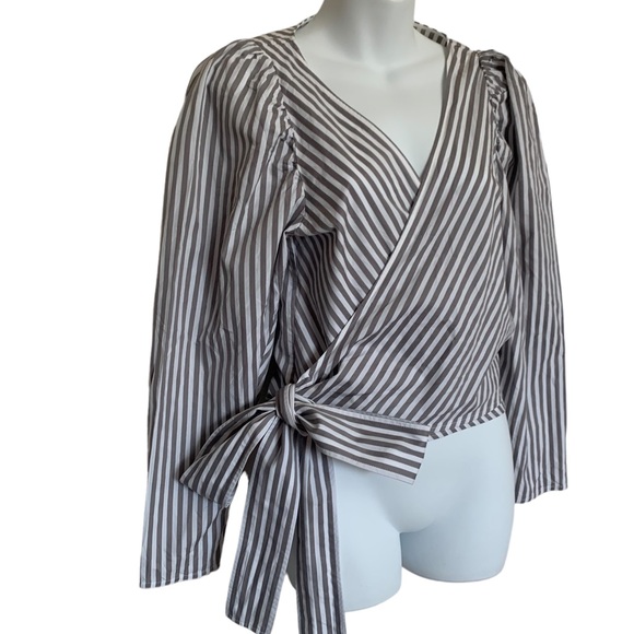 & Other Stories Stripe Puffed Sleeve Wrap Top Sz 2 - Picture 5 of 8